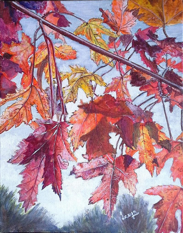 Nature acrylic painting titled 'Fall Colours', 8x10 inches, by artist Lasya Upadhyaya on Canvas Board