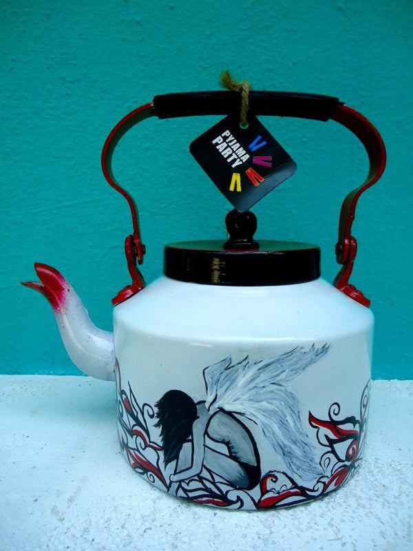 Lifestyle craft titled 'Fallen Angel Tea Kettle', 9x9x7 inches, by artist Rithika Kumar on Aluminium