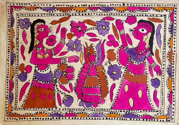 Folk Art madhubani traditional art titled 'Falling Flowers', 11x15 inches, by artist Yamuna Devi on Handmade Paper