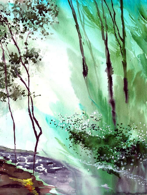 Landscape watercolor painting titled 'Falling Light', 11x17 inches, by artist Anil Nene on Paper