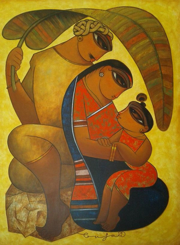 Figurative acrylic painting titled 'Family 2', 48x36 inches, by artist Ramesh Gujar on Canvas