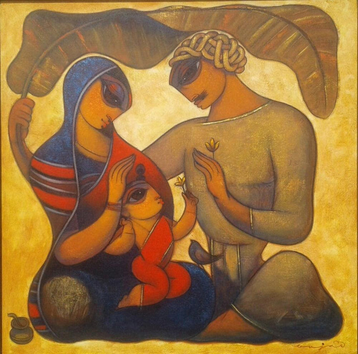 Figurative acrylic painting titled 'Family 3', 48x36 inches, by artist Ramesh Gujar on Canvas