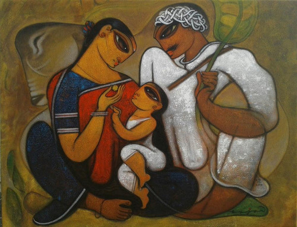 Figurative acrylic painting titled 'Family 4', 36x36 inches, by artist Ramesh Gujar on Canvas