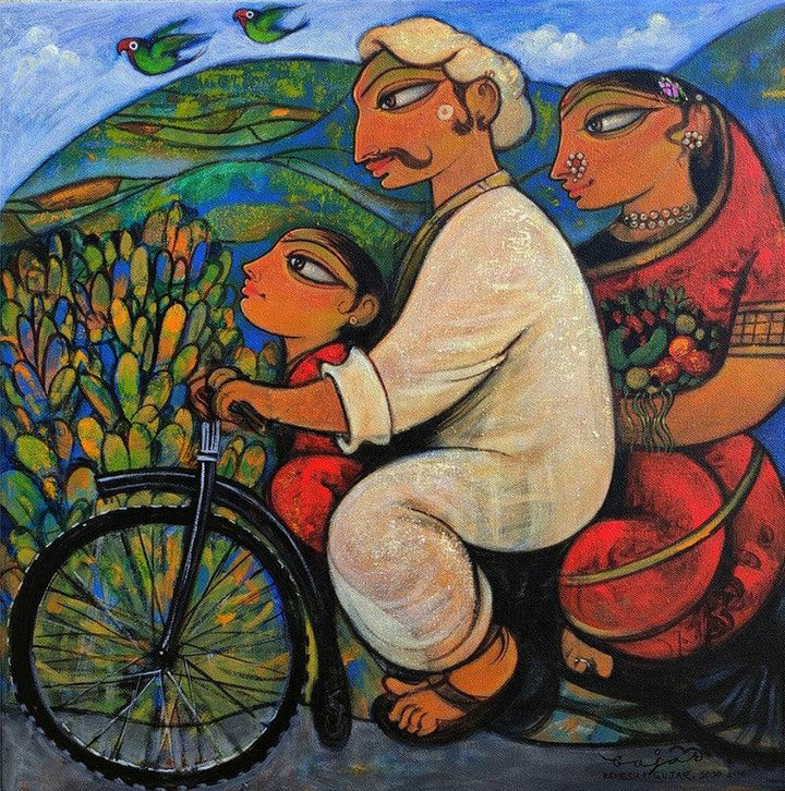 Figurative acrylic painting titled 'Family 7', 24x24 inches, by artist Ramesh Gujar on Canvas