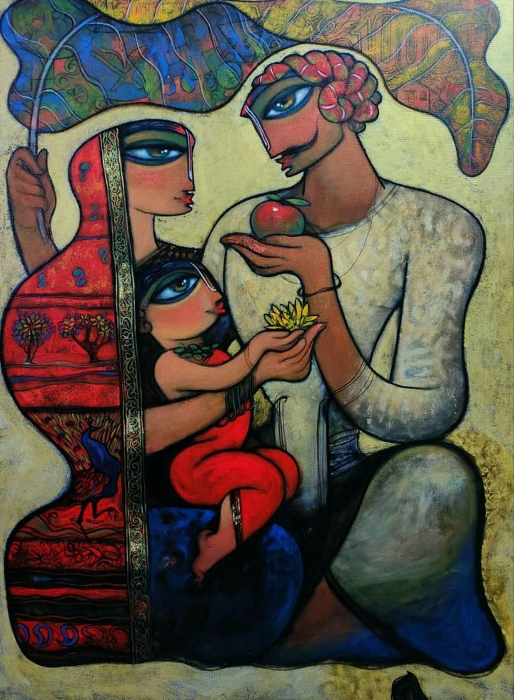 Figurative acrylic painting titled 'Family 8', 48x36 inches, by artist Ramesh Gujar on Canvas