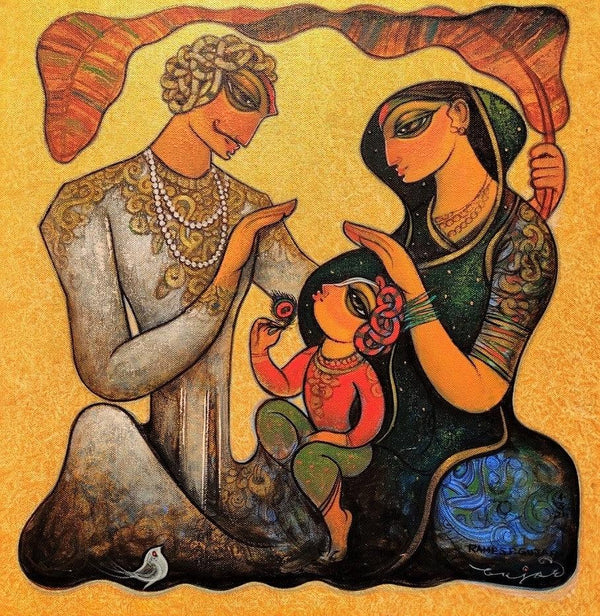 Figurative acrylic painting titled 'Family 9', 24x24 inches, by artist Ramesh Gujar on Canvas