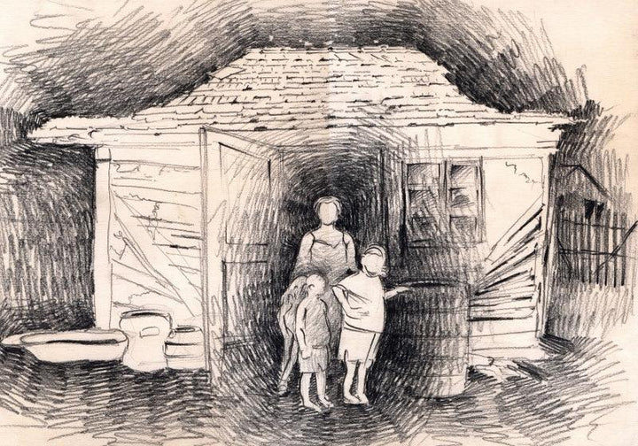 Expressionist charcoal drawing titled 'Family at hut entrance', 11x16 inches, by artist Abhay Gupta on Paper