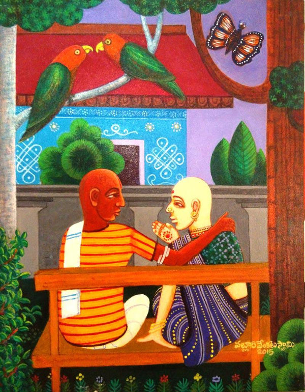 Figurative acrylic painting titled 'Family Gossip', 18x14 inches, by artist V.v. Swamy on Canvas