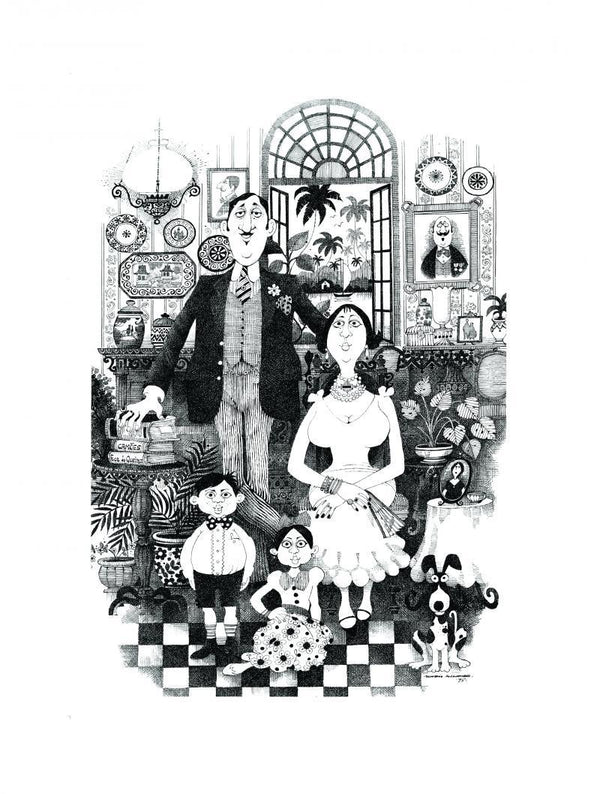 Figurative pen ink painting titled 'Family Portrait (1971)', 29x21 inches, by artist Mario Miranda on Paper