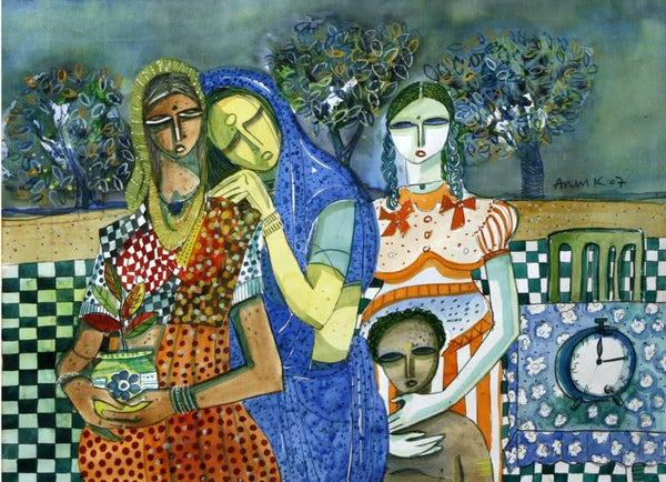 Figurative watercolor painting titled 'Family Potratit', 20x30 inches, by artist Arun K Mishra on Canvas