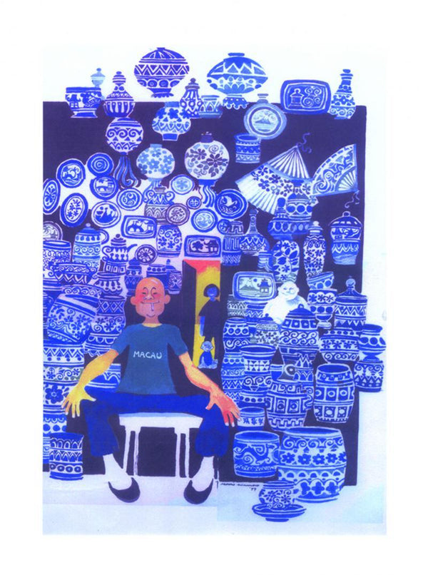 Figurative pen ink painting titled 'Famous Blue Pottery', 21x29 inches, by artist Mario Miranda on Paper