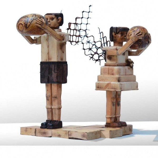 Lifestyle sculpture titled 'Fantasy 2', 53x38x20 inches, by artist Indira Ghosh on wood and metal scrap