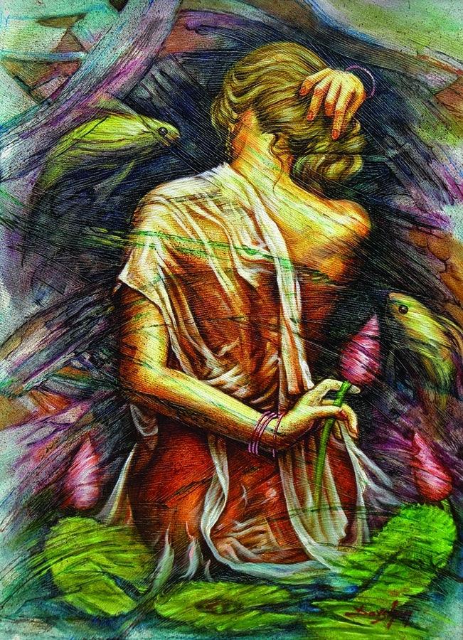 Figurative oil painting titled 'Fantasy 9', 38x28 inches, by artist Darshan Sharma on Canvas