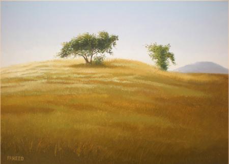 Landscape oil painting titled 'Faraway Tree', 16x22 inches, by artist Fareed Ahmed on Canvas Board