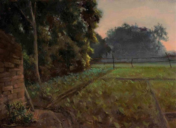 Landscape oil painting titled 'Farm Mornings', 8x12 inches, by artist Shraddha Singh on Board