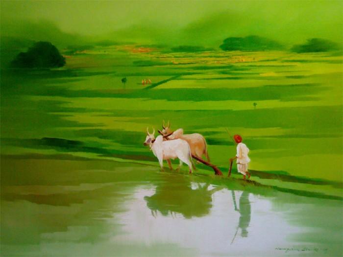 Nature oil painting titled 'Farmer', 36x60 inches, by artist Narayan Shelke on Canvas