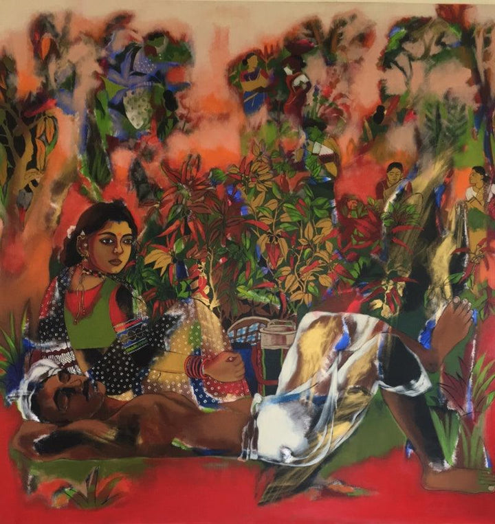 Figurative acrylic painting titled 'Farmer Couple In Chilli Farm', 54x54 inches, by artist Anjani Reddy on Canvas