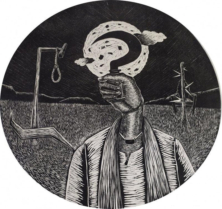 contemporary printmaking titled 'Farmer Struggle', 30x30 inches, by artist Prashant Kuwar on Wood Cut