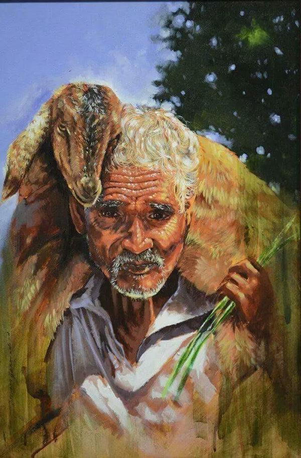 Figurative oil painting titled 'Farmer With Goat', 24x18 inches, by artist Jitendra Gaikwad on Canvas