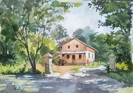 Landscape watercolor painting titled 'Farmhouse', 11x15 inches, by artist Gaurishankar Behera on Paper