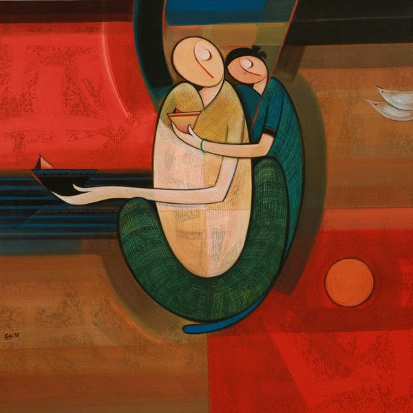 Figurative acrylic painting titled 'Father And Child', 34x34 inches, by artist Dattatraya Thombare on Canvas