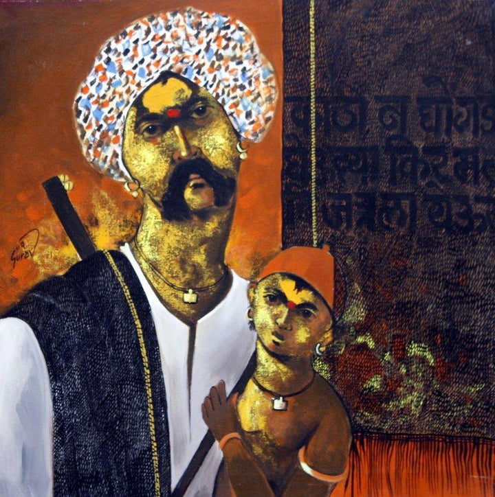 Figurative acrylic painting titled 'Father and Son', 36x36 inches, by artist RAOSAHEB GURAV on Canvas