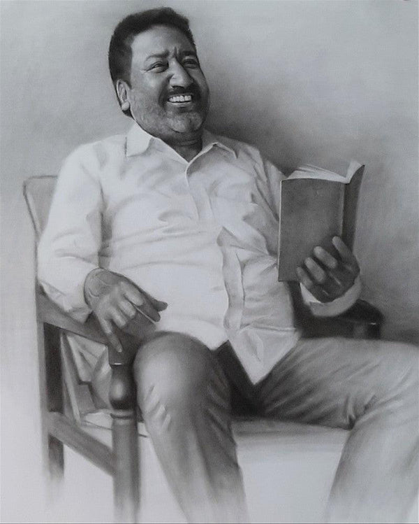 Figurative charcoal drawing titled 'Father', 28x22 inches, by artist Kulwinder Singh on Paper