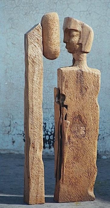 Figurative sculpture titled 'Father By The Lamp Post', 51x24x7 inches, by artist Chander Parkash on Wood