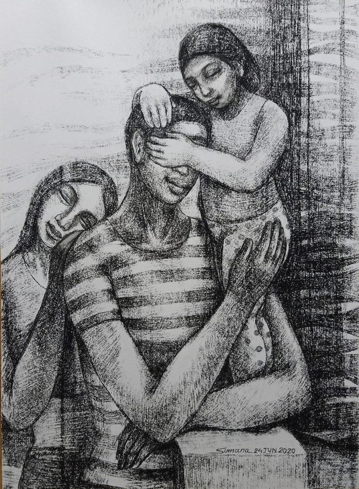 Figurative dry pastel drawing titled 'Father Daughter Affection', 30x22 inches, by artist Sumana Nath De on Paper