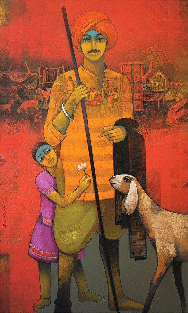 Figurative acrylic painting titled 'Fatherly Love', 60x36 inches, by artist Sachin Akalekar on Canvas