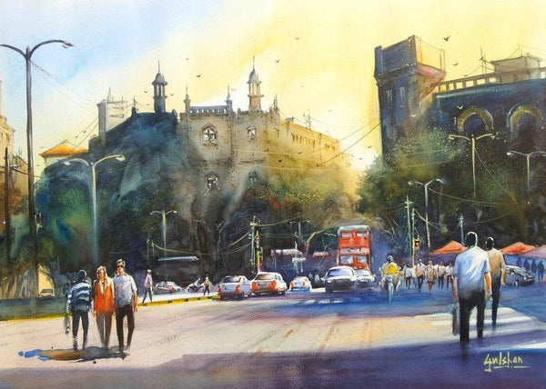 Cityscape watercolor painting titled 'Feel The Warmth Of Mumbai', 28x20 inches, by artist Gulshan Achari on Paper