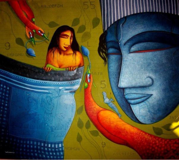 Figurative acrylic painting titled 'Feeling Love', 42x48 inches, by artist Samir Sarkar on Canvas