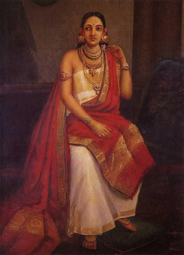 Figurative oil painting titled 'Feigned Arrogance', 24x18 inches, by artist Raja Ravi Varma Reproduction on Canvas