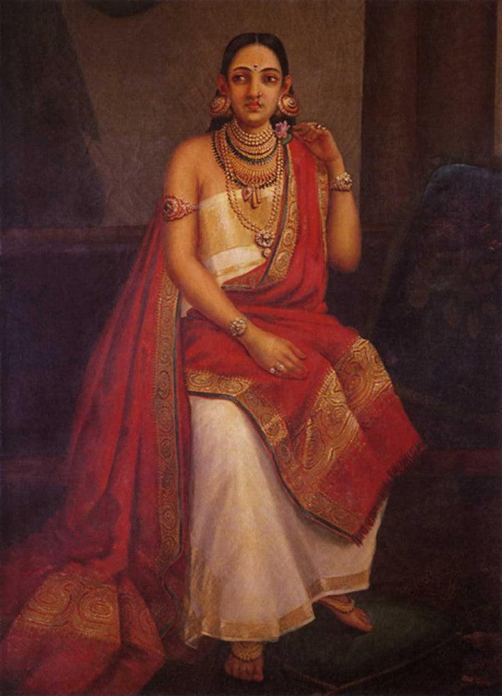 Figurative oil painting titled 'Feigned Arrogance', 24x18 inches, by artist Raja Ravi Varma Reproduction on Canvas