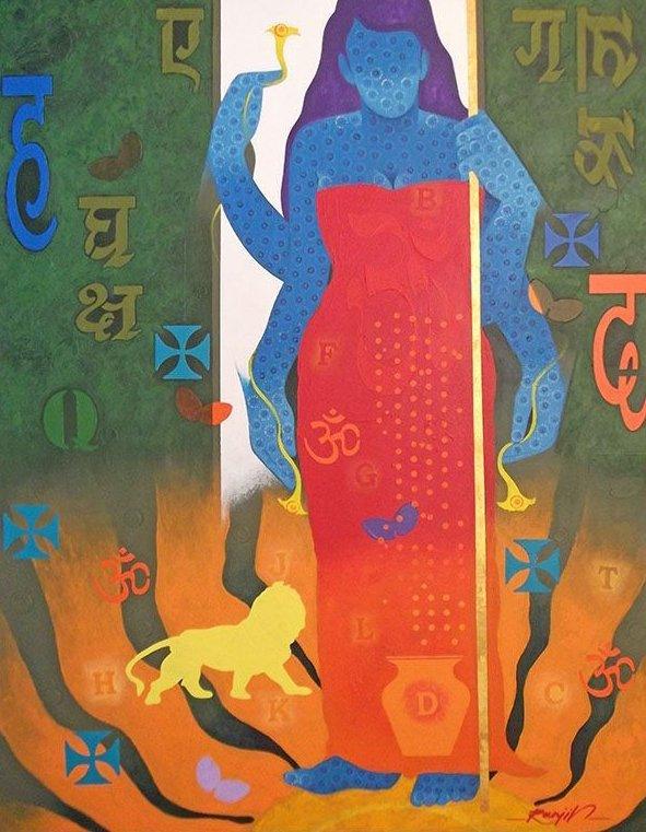 Figurative acrylic painting titled 'Feminity 13', 42x32 inches, by artist Ranjit Singh on Canvas