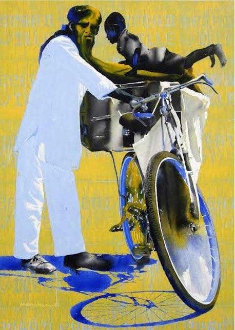 Figurative acrylic painting titled 'Feriwala', 66x48 inches, by artist Manohar Rathod on Canvas