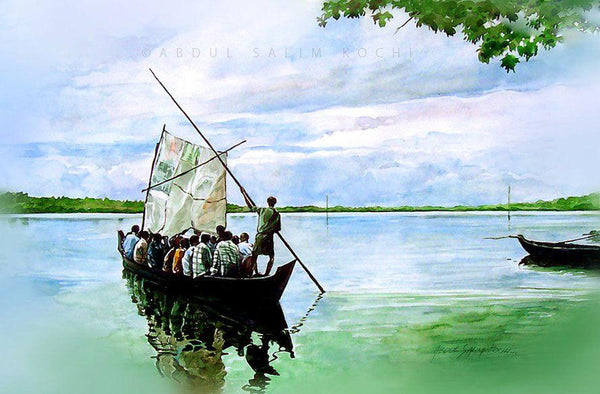 Seascape watercolor painting titled 'Ferry Boat', 11x14 inches, by artist Abdul Salim on Paper