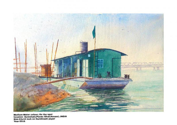 Seascape watercolor painting titled 'Ferry stoppage by the river bank of Brah', 22x14 inches, by artist Biki Das on Paper