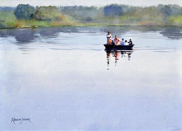 Seascape watercolor painting titled 'Ferrying On The Kaveri', 10x14 inches, by artist Ramesh Jhawar on Paper