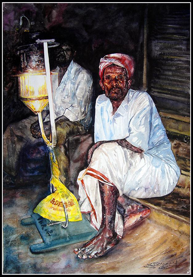 Figurative watercolor painting titled 'Festival Light With Man', 15x22 inches, by artist SRV ARTIST on Handmade Paper