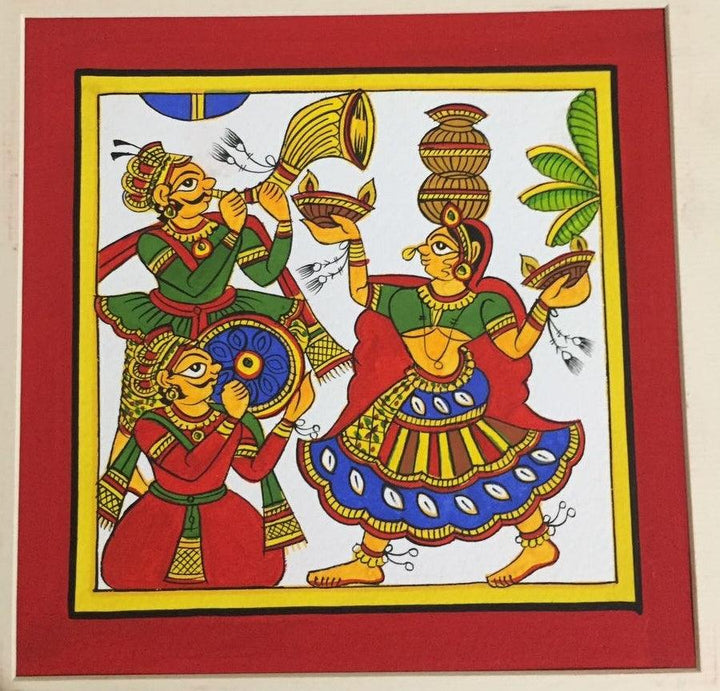 Figurative phad traditional art titled 'Festive Celebrations 1', 12x12 inches, by artist Unknown on Cloth