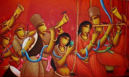 Figurative acrylic painting titled 'FESTIVEL', 60x36 inches, by artist Samir Sarkar on Canvas