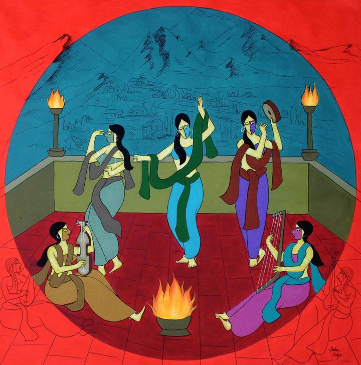 Figurative acrylic painting titled 'Festivity', 51x51 inches, by artist Chetan Katigar on Canvas