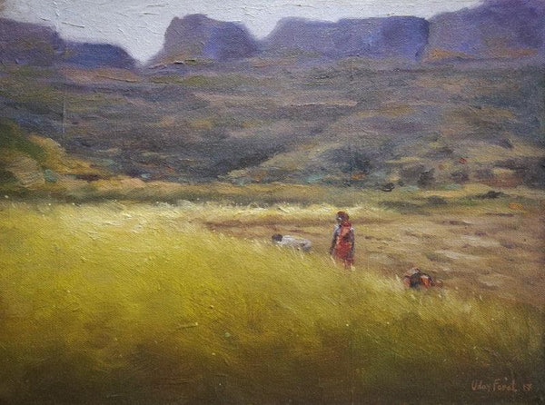 Landscape oil painting titled 'Field 2', 18x14 inches, by artist Uday Farat on Canvas