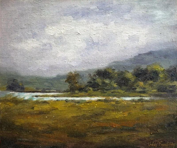 Landscape oil painting titled 'Field 3', 11x12 inches, by artist Uday Farat on Canvas