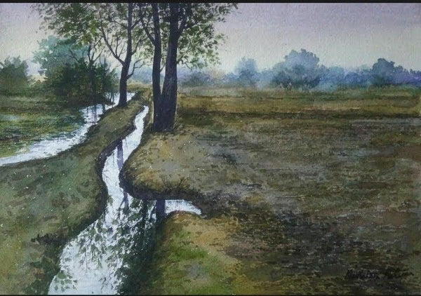 Landscape watercolor painting titled 'Field', 12x16 inches, by artist Madhukar Mahajan on Paper