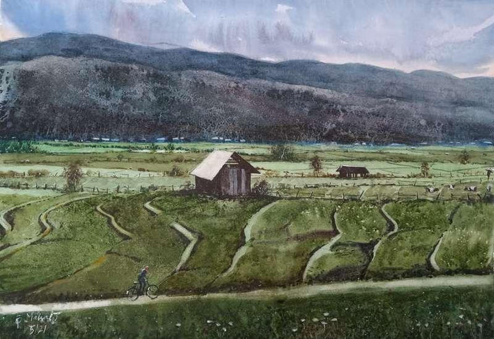 Landscape watercolor painting titled 'Fields of Manipur', 17x12 inches, by artist Bhuwan Mahato on Paper