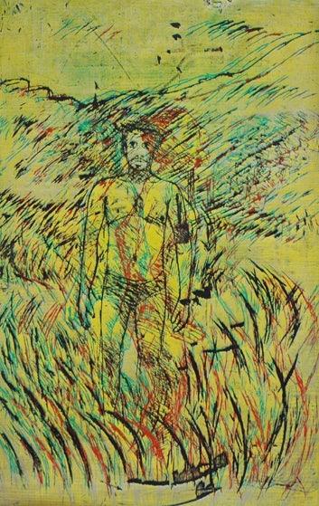 Figurative printmaking titled 'Figure Fading In A Landscape 4', 33x51 inches, by artist Durgaprasad Bandi on Wood cut