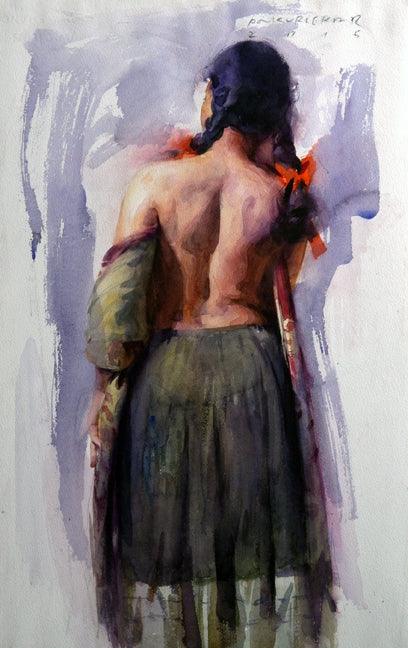 Figurative oil painting titled 'Figure V', 21x15 inches, by artist Pramod Kurlekar on Paper