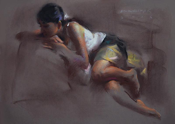 Figurative oil pastel painting titled 'Figure X', 15x21 inches, by artist Pramod Kurlekar on Paper